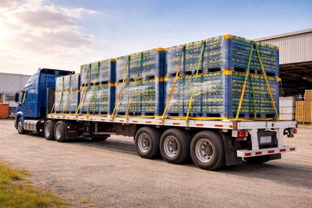Camión rampla cargado con pallets de producto listo para despacho