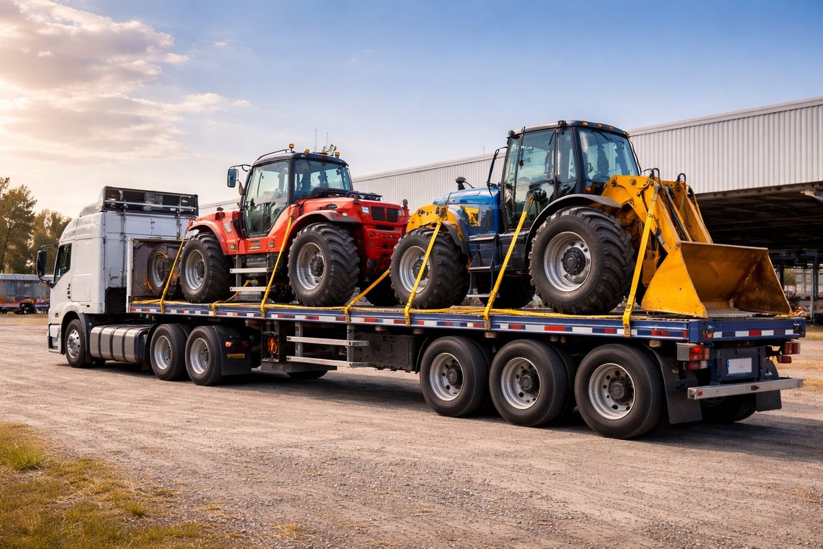 Camión rampla transportando maquinaria y equipos